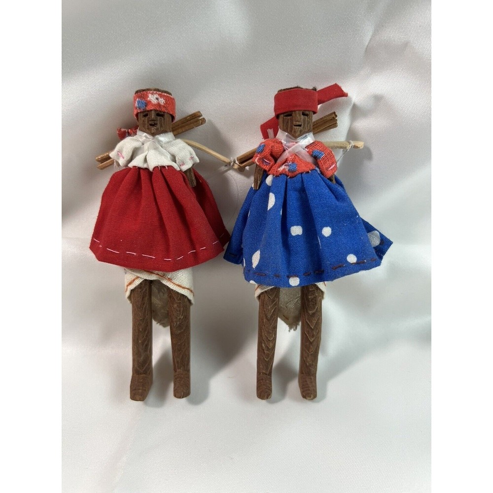 Rare Primitive Hand Carved Wooden Tarahumara Indian Dolls Woman with Bow & Arrow
